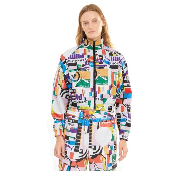 Puma Jacket Women SMALL White Multi International Woven Print Track Full Zip - Picture 3 of 11